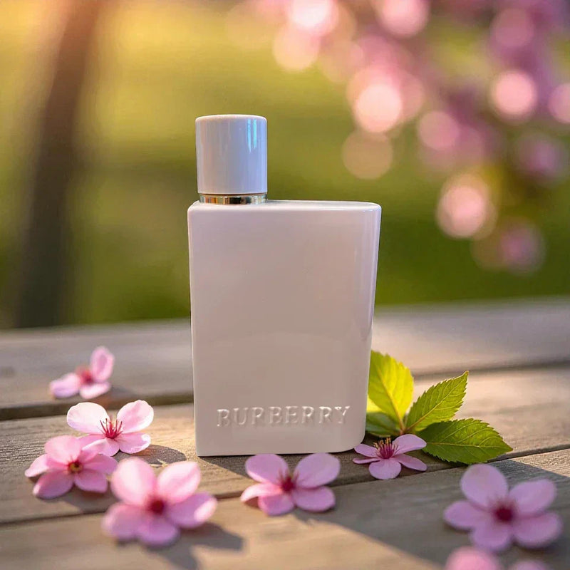 Pale pink Burberry Her Elixir perfume bottle surrounded by pink flowers
