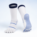 White crew-length five-toe grip socks with navy cuff and blue sole grips
