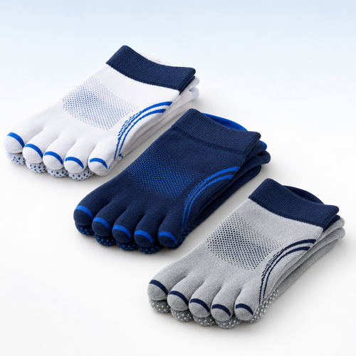 Three-pair starter pack of white navy and grey five-toe grip socks